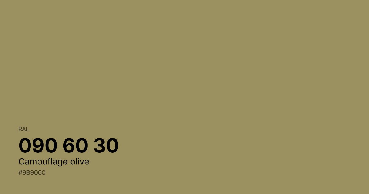 RAL 090 60 30 Camouflage olive color swatch - #9b9060 hex code for design, paint, and coating reference
