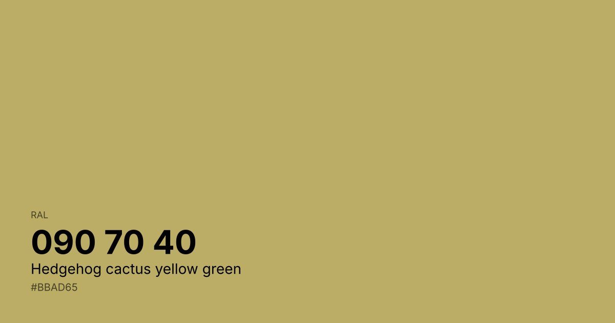 RAL 090 70 40 Hedgehog cactus yellow green color swatch - #bbad65 hex code for design, paint, and coating reference