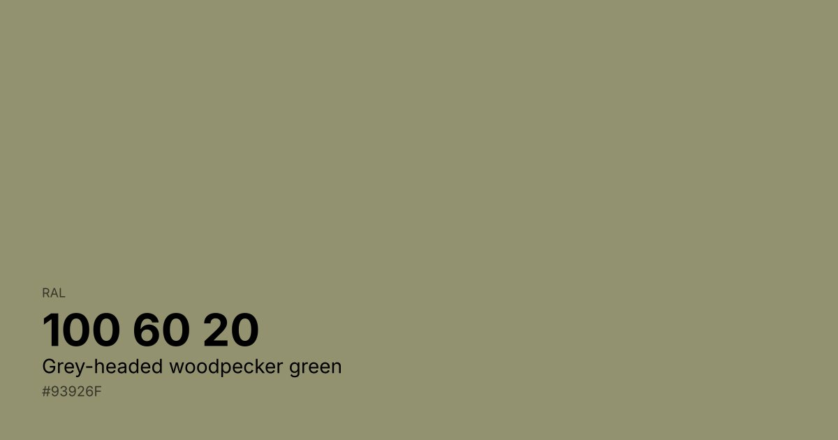 RAL 100 60 20 Grey-headed woodpecker green color swatch - #93926f hex code for design, paint, and coating reference