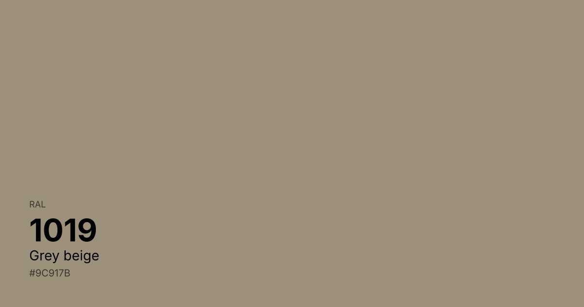 RAL 1019 Grey beige color swatch - #9c917b hex code for design, paint, and coating reference