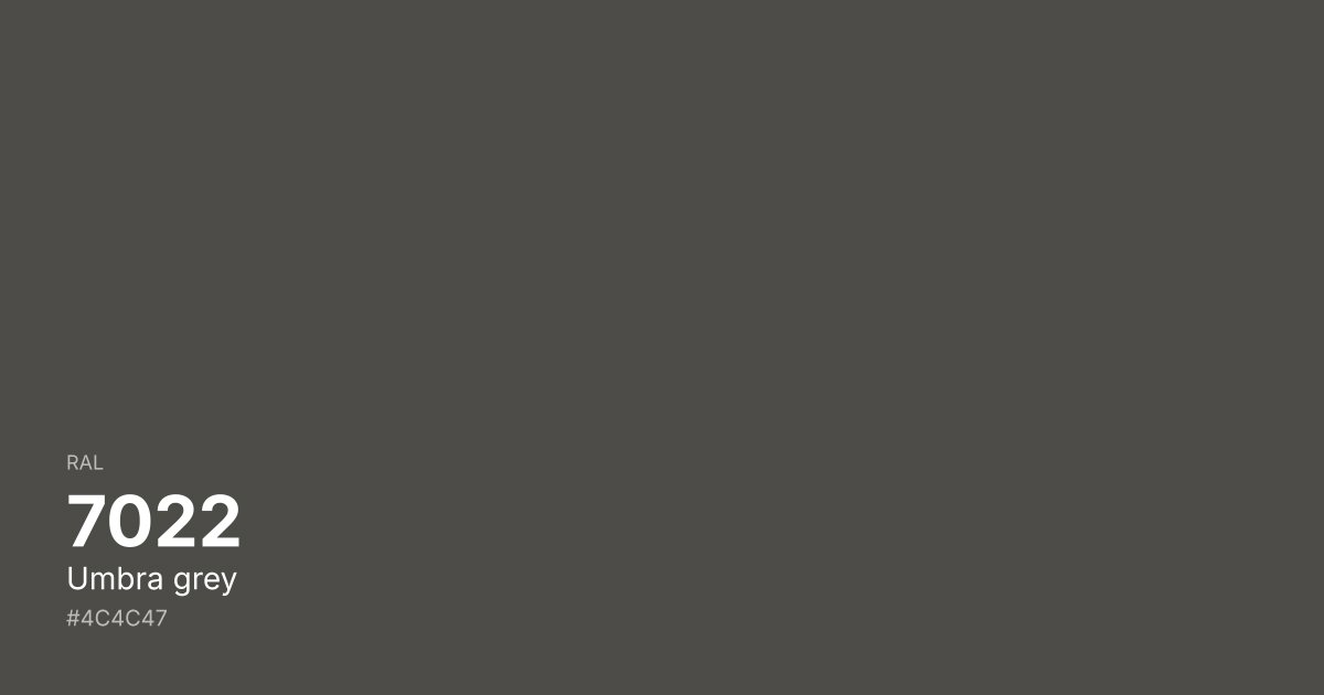 RAL 7022 Umbra grey color swatch - #4c4c47 hex code for design, paint, and coating reference
