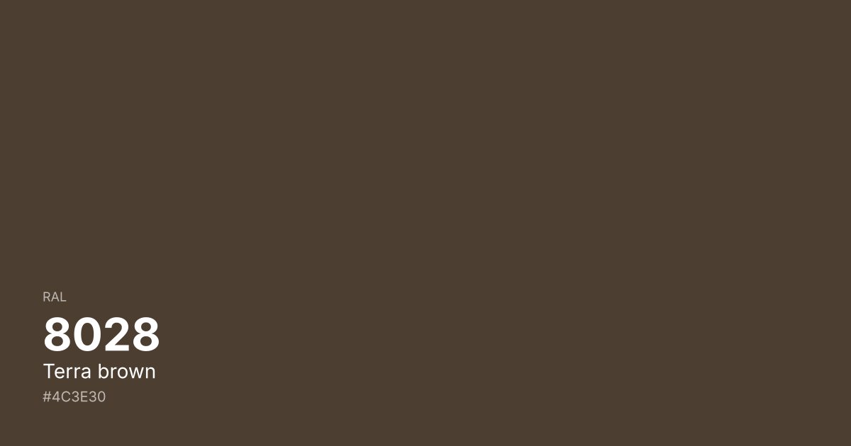 RAL 8028 Terra brown color swatch - #4c3e30 hex code for design, paint, and coating reference